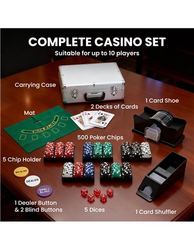 SPORTNOW 500-Piece Poker Chips Set with Card Shuffler, Card Shoe, Case, Casino Texas Holdem Poker Set with Mat, Silver Tone