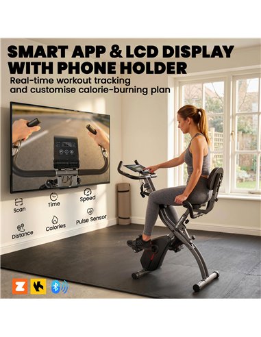 SPORTNOW 4-In-1 Folding Exercise Bike with Resistance Bands, Bluetooth App, 8-Level Magnetic Resistance, LCD Display, Black