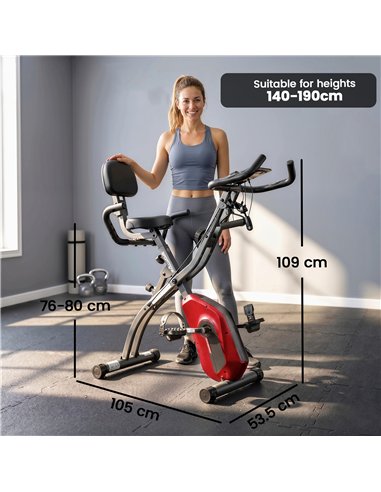 SPORTNOW 4-In-1 Folding Exercise Bike with Resistance Bands, Bluetooth App, 8-Level Magnetic Resistance, LCD Display, Red