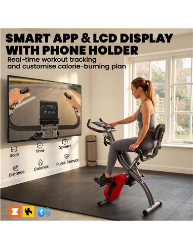 SPORTNOW 4-In-1 Folding Exercise Bike with Resistance Bands, Bluetooth App, 8-Level Magnetic Resistance, LCD Display, Red