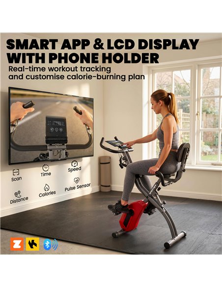SPORTNOW 4-In-1 Folding Exercise Bike with Resistance Bands, Bluetooth App, 8-Level Magnetic Resistance, LCD Display, Red - pic 213068 | FastDaddyshop