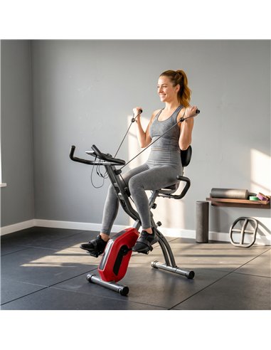 SPORTNOW 4-In-1 Folding Exercise Bike with Resistance Bands, Bluetooth App, 8-Level Magnetic Resistance, LCD Display, Red