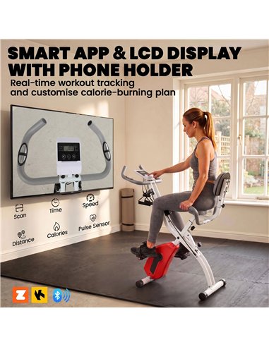 SPORTNOW 4-In-1 Folding Exercise Bike with Resistance Bands, Bluetooth App, 8-Level Magnetic Resistance, LCD Display, Orange
