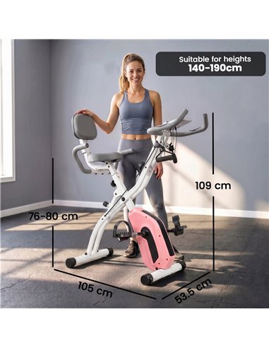 SPORTNOW 4-In-1 Folding Exercise Bike with Resistance Bands, Bluetooth App, 8-Level Magnetic Resistance, LCD Display, Pink