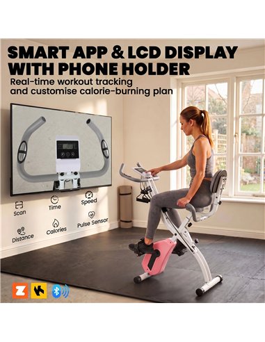 SPORTNOW 4-In-1 Folding Exercise Bike with Resistance Bands, Bluetooth App, 8-Level Magnetic Resistance, LCD Display, Pink