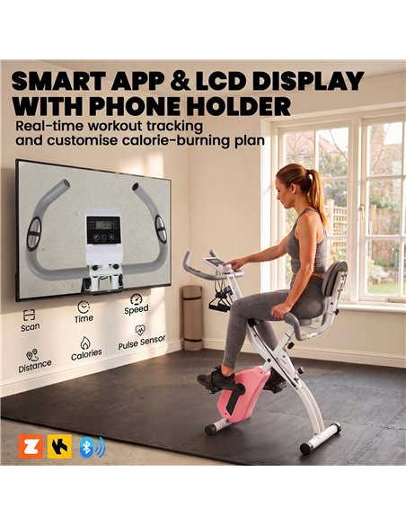 SPORTNOW 4-In-1 Folding Exercise Bike with Resistance Bands, Bluetooth App, 8-Level Magnetic Resistance, LCD Display, Pink - pic 213122 | FastDaddyshop