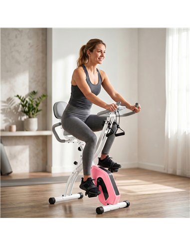 SPORTNOW 4-In-1 Folding Exercise Bike with Resistance Bands, Bluetooth App, 8-Level Magnetic Resistance, LCD Display, Pink
