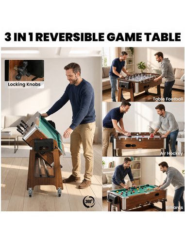 SPORTNOW 3 in 1 Multi Game Table, 3.4ft Reversible Air Hockey Pool Football Games Table with Lockable Wheels, Storage Shelf