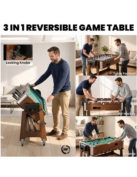SPORTNOW 3 in 1 Multi Game Table, 3.4ft Reversible Air Hockey Pool Football Games Table with Lockable Wheels, Storage Shelf - pic 213184 | FastDaddyshop