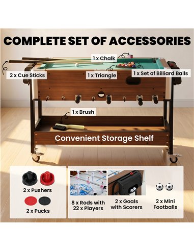 SPORTNOW 3 in 1 Multi Game Table, 3.4ft Reversible Air Hockey Pool Football Games Table with Lockable Wheels, Storage Shelf