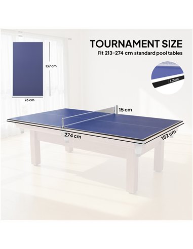 SPORTNOW 9 ft Folding Ping Pong Table Top for Billiard Tables, Table Tennis Conversion Top with Net, Foam Padding, Blue