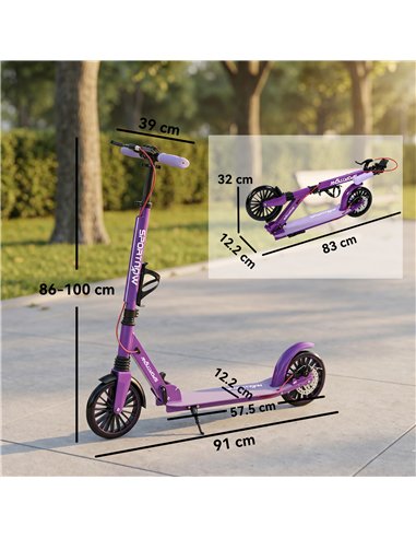 SPORTNOW Foldable Kick Scooter with Height Adjustable Handlebar, One-click Folding Adult Scooters with 200 mm Big Wheels, Purple