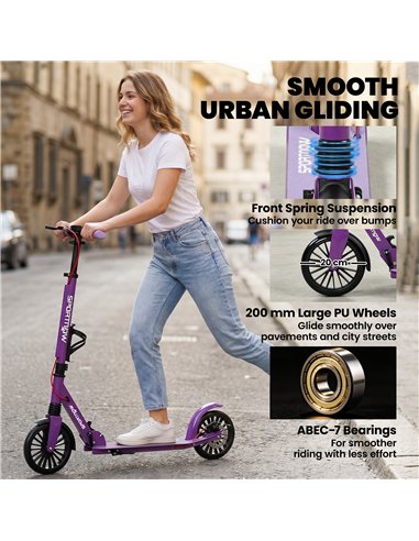 SPORTNOW Foldable Kick Scooter with Height Adjustable Handlebar, One-click Folding Adult Scooters with 200 mm Big Wheels, Purple