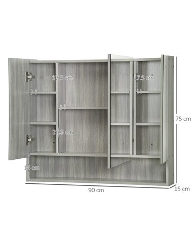 Kleankin Bathroom Wall Mounted Storage Cabinet with Shelves, 3 Doors, Cupboards, Grey