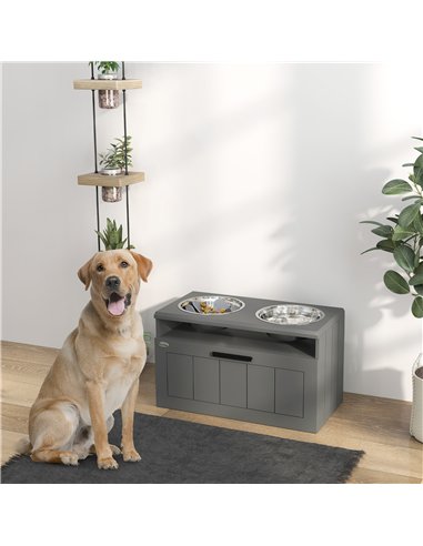 PawHut Raised Dog Bowl with Slow Feeder, Two Stainless Steel Dog Bowls, Drawer, for Large and Extra Large Dogs, Grey