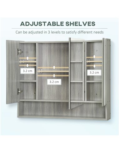 Kleankin Bathroom Wall Mounted Storage Cabinet with Shelves, 3 Doors, Cupboards, Grey