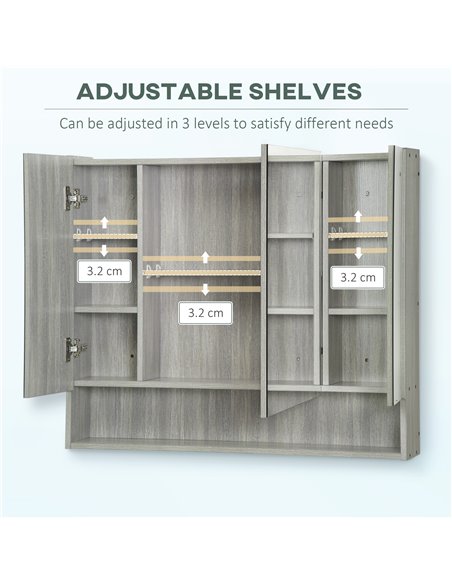 Kleankin Bathroom Wall Mounted Storage Cabinet with Shelves, 3 Doors, Cupboards, Grey - pic 21330 | FastDaddyshop