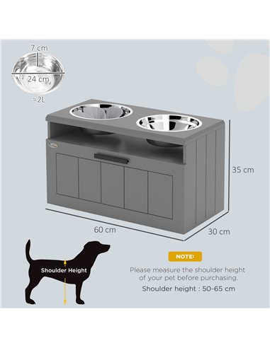 PawHut Raised Dog Bowl with Slow Feeder, Two Stainless Steel Dog Bowls, Drawer, for Large and Extra Large Dogs, Grey