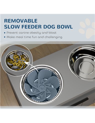 PawHut Raised Dog Bowl with Slow Feeder, Two Stainless Steel Dog Bowls, Drawer, for Large and Extra Large Dogs, Grey