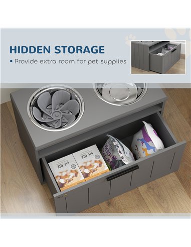 PawHut Raised Dog Bowl with Slow Feeder, Two Stainless Steel Dog Bowls, Drawer, for Large and Extra Large Dogs, Grey