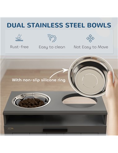 PawHut Raised Dog Bowl with Slow Feeder, Two Stainless Steel Dog Bowls, Drawer, for Large and Extra Large Dogs, Grey
