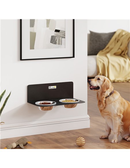 PawHut Wall Mount Dog Bowls, Adjustable Height Raised Dog Feeding Station with 2 Stainless Steel Bowls, 10kg Capacity, Black - pic 213308 | FastDaddyshop