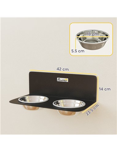 PawHut Wall Mount Dog Bowls, Adjustable Height Raised Dog Feeding Station with 2 Stainless Steel Bowls, 10kg Capacity, Black