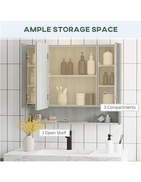 Kleankin Bathroom Mirror Cabinet, Wall Mounted Storage Cabinet with Adjustable Shelves, 3 Doors and Cupboards, Grey - pic 21331 | FastDaddyshop