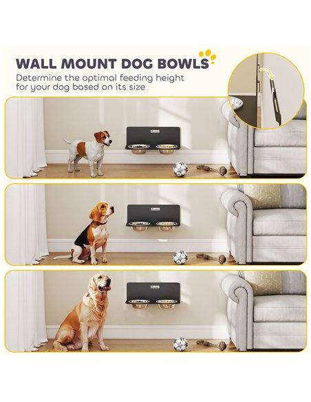 PawHut Wall Mount Dog Bowls, Adjustable Height Raised Dog Feeding Station with 2 Stainless Steel Bowls, 10kg Capacity, Black - pic 213310 | FastDaddyshop