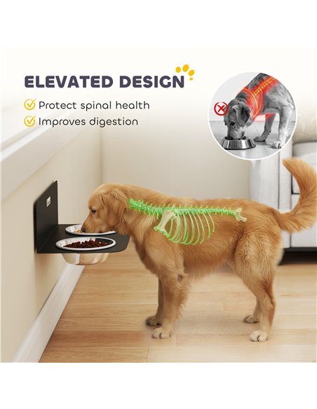 PawHut Wall Mount Dog Bowls, Adjustable Height Raised Dog Feeding Station with 2 Stainless Steel Bowls, 10kg Capacity, Black - pic 213311 | FastDaddyshop