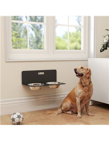 PawHut Wall Mount Dog Bowls, Adjustable Height Raised Dog Feeding Station with 2 Stainless Steel Bowls, 10kg Capacity, Black