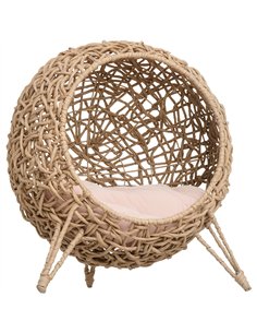 PawHut Rattan Elevated Cat Bed House Kitten Basket Ball-Shaped Pet Furniture w/ Removable Cushion - Natural