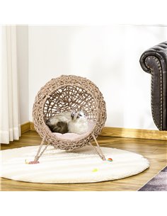 PawHut Rattan Elevated Cat Bed House Kitten Basket Ball-Shaped Pet Furniture w/ Removable Cushion - Natural 2
