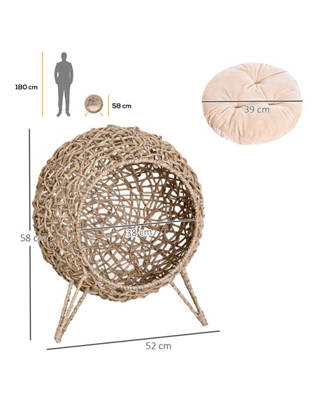 PawHut Rattan Elevated Cat Bed House Kitten Basket Ball-Shaped Pet Furniture w/ Removable Cushion - Natural - pic 213318 | FastDaddyshop