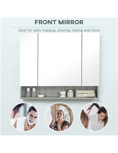 Kleankin Bathroom Mirror Cabinet, Wall Mounted Storage Cabinet with Adjustable Shelves, 3 Doors and Cupboards, Grey