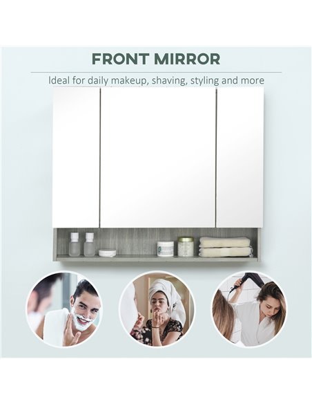 Kleankin Bathroom Mirror Cabinet, Wall Mounted Storage Cabinet with Adjustable Shelves, 3 Doors and Cupboards, Grey - pic 21333 | FastDaddyshop