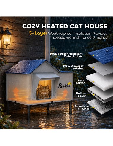 PawHut Heated Cat House Weatherproof w/ Heating Pad, Elevated Base, Escape Door, Cat Winter Shelter for Stray, Barn Cats