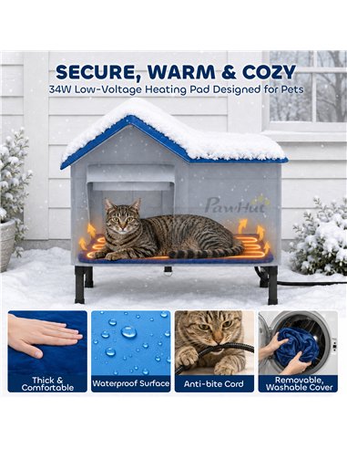 PawHut Heated Cat House Weatherproof w/ Heating Pad, Elevated Base, Escape Door, Cat Winter Shelter for Stray, Barn Cats