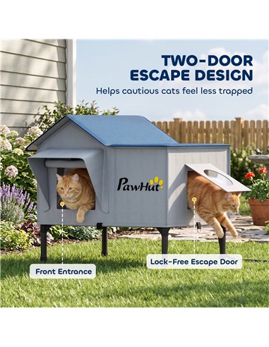 PawHut Heated Cat House Weatherproof w/ Heating Pad, Elevated Base, Escape Door, Cat Winter Shelter for Stray, Barn Cats