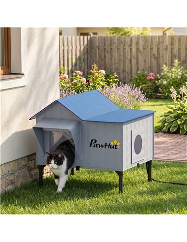 PawHut Heated Cat House Weatherproof w/ Heating Pad, Elevated Base, Escape Door, Cat Winter Shelter for Stray, Barn Cats