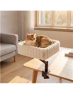 PawHut Cat Desk Bed, 360° Rotatable Raised Cat House for Desk, Window, Soft Kitten Hammock with Hanging Ball, White 2