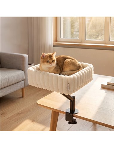 PawHut Cat Desk Bed, 360° Rotatable Raised Cat House for Desk, Window, Soft Kitten Hammock with Hanging Ball, White