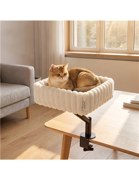 PawHut Cat Desk Bed, 360° Rotatable Raised Cat House for Desk, Window, Soft Kitten Hammock with Hanging Ball, White - pic 213353 | FastDaddyshop