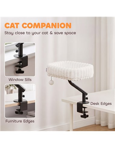 PawHut Cat Desk Bed, 360° Rotatable Raised Cat House for Desk, Window, Soft Kitten Hammock with Hanging Ball, White