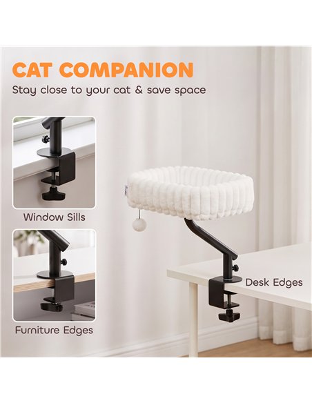 PawHut Cat Desk Bed, 360° Rotatable Raised Cat House for Desk, Window, Soft Kitten Hammock with Hanging Ball, White - pic 213355 | FastDaddyshop