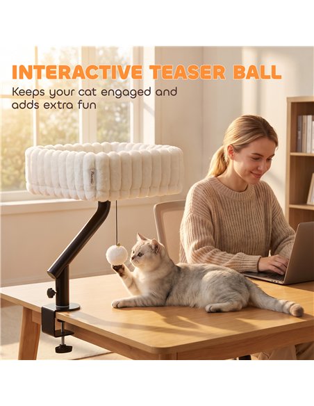 PawHut Cat Desk Bed, 360° Rotatable Raised Cat House for Desk, Window, Soft Kitten Hammock with Hanging Ball, White - pic 213358 | FastDaddyshop