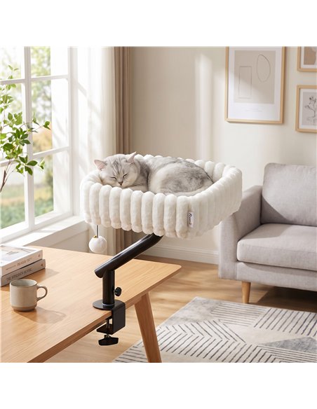 PawHut Cat Desk Bed, 360° Rotatable Raised Cat House for Desk, Window, Soft Kitten Hammock with Hanging Ball, White - pic 213359 | FastDaddyshop
