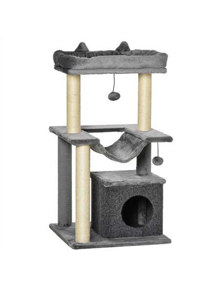 PawHut Cat Tree, 90cm Cat Tower with Sisal Scratching Posts, Cat Condo, Hammock, Top Perch and 2 Hanging Toys for Cats, Grey - pic 213361 | FastDaddyshop