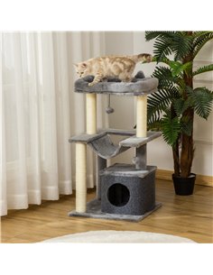 PawHut Cat Tree, 90cm Cat Tower with Sisal Scratching Posts, Cat Condo, Hammock, Top Perch and 2 Hanging Toys for Cats, Grey 2