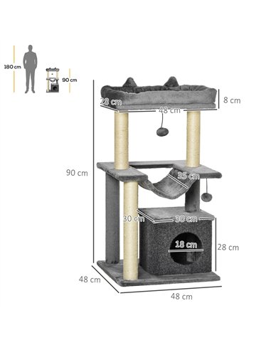 PawHut Cat Tree, 90cm Cat Tower with Sisal Scratching Posts, Cat Condo, Hammock, Top Perch and 2 Hanging Toys for Cats, Grey